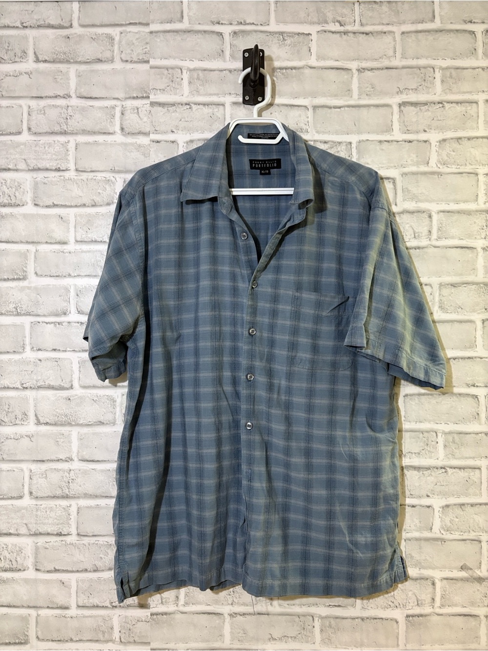 Perry Ellis Blue Plaid Short-Sleeve Button-Down Shirt, XL